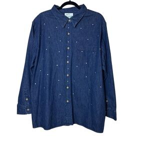 The Quacker Factory Dark Blue Denim Long Sleeve Rhinestone Accent ButtonDown Top